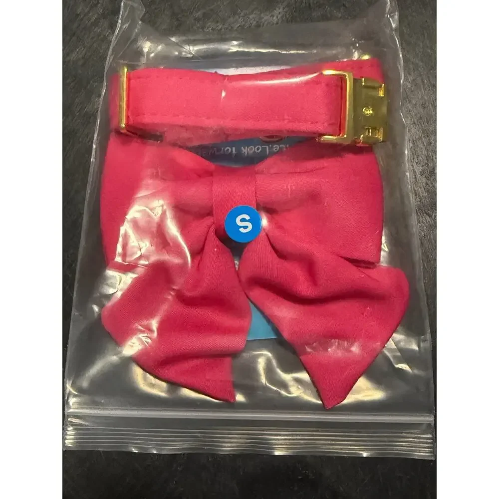 Hot Pink Dog Collar with Cute Rose Red Solid Bow Tie Gold Buckle Size Small New